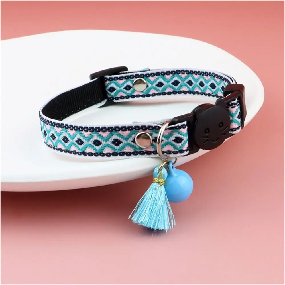 Adjustable Cat Collar With Tassels And Bells Plaid Jacquard Pattern Pet Necklace Exquisite Colorful Pet Neck Strap