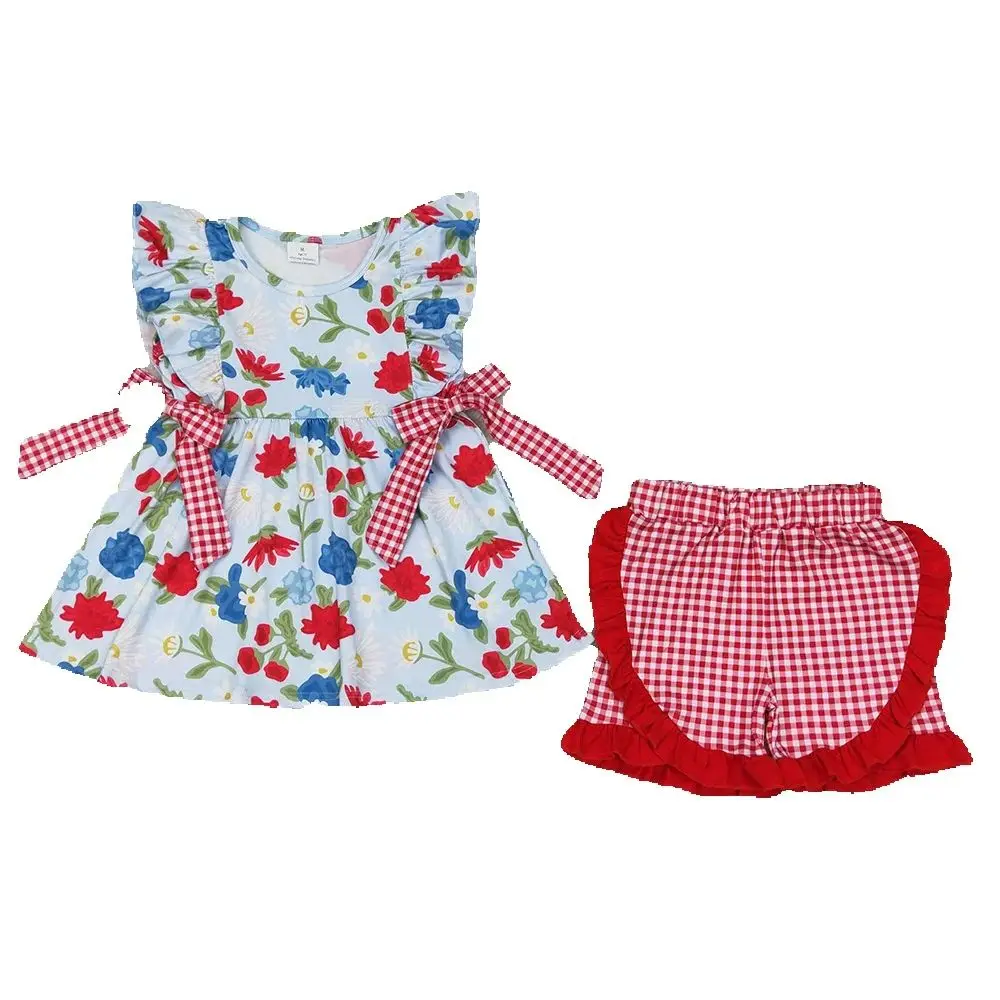 

GSSO1930 Baby Girls Navy Flowers Bows Tunic Ruffle Shorts Clothes Sets