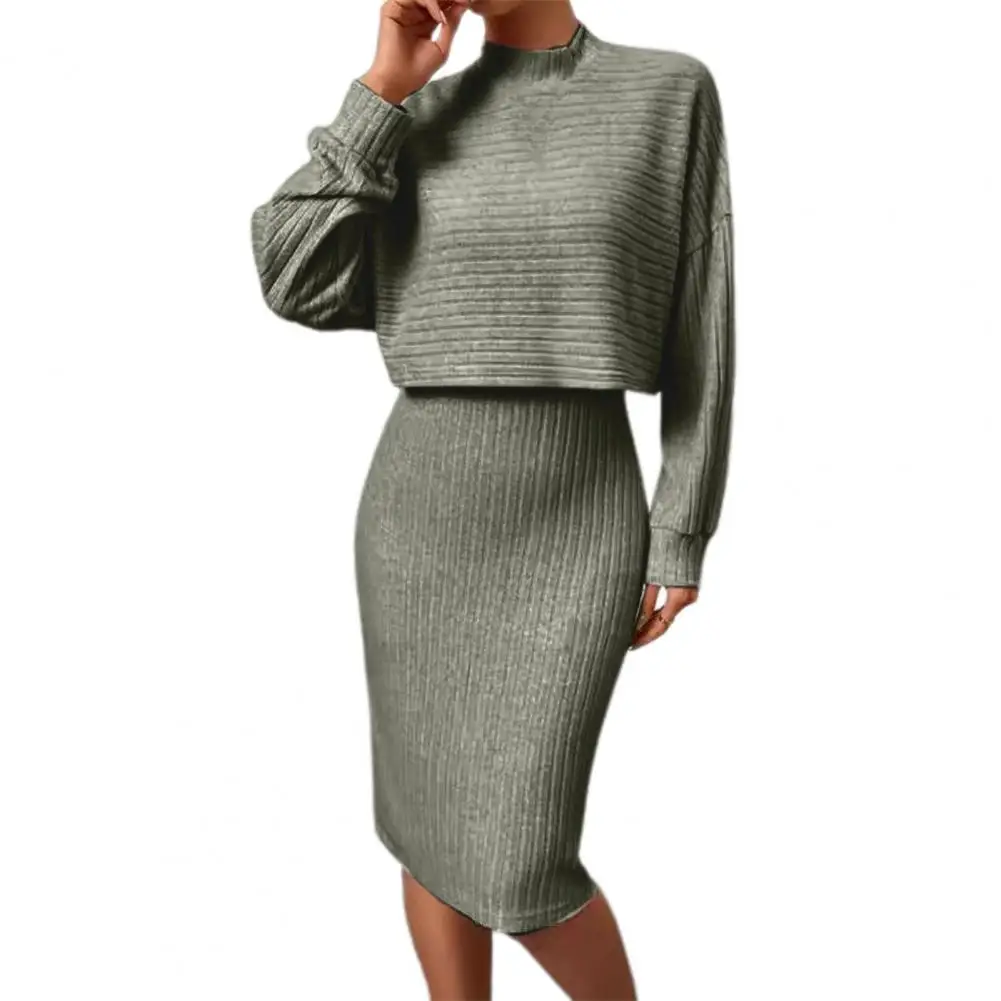 Two-piece Set Dress +Top Suit Women  Long Sleeve Sweater V Neck Sheath Slim Fit Sleeveless Midi Dress Outfit