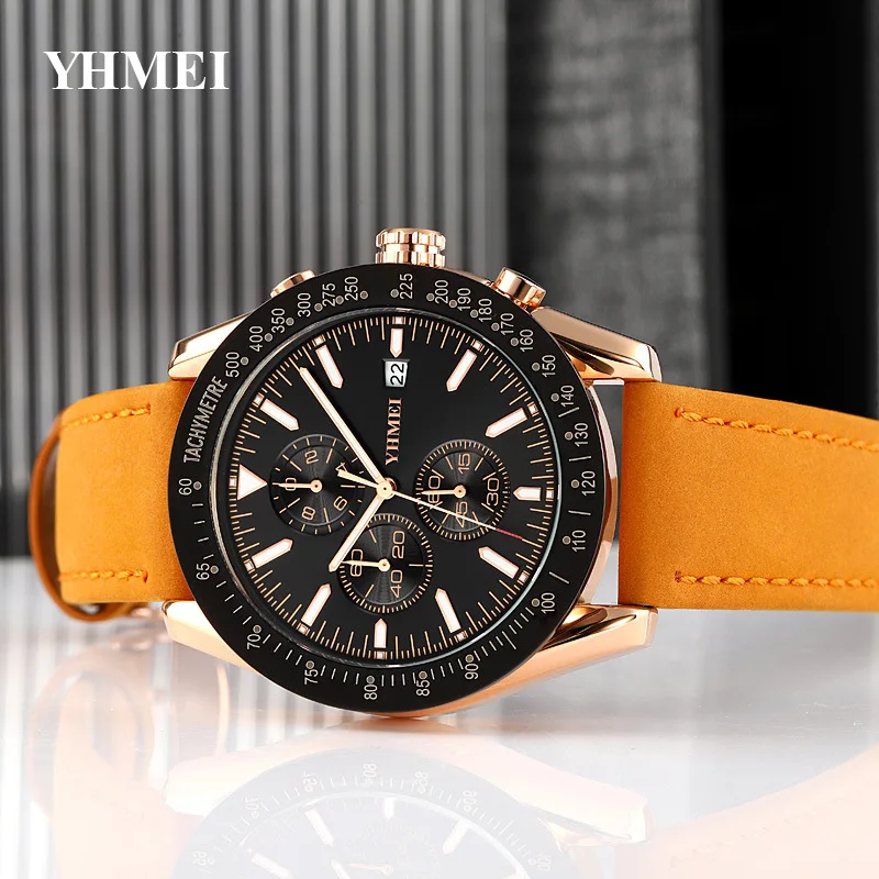 Fashionable Casual Men's Watch with Leather Strap, Six-Needle Sub-Dial, Calendar, Water-Resistant Quartz Wristwatch
