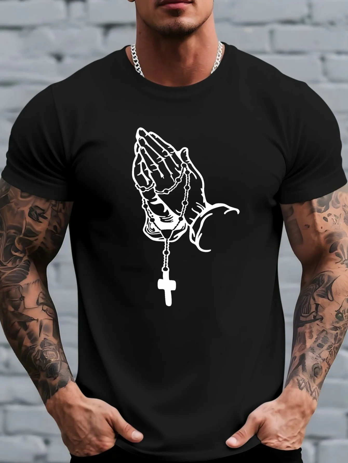 Men'S Short-Sleeve T-Shirt with a Cross Prayer Hand Pattern Print, Perfect for Casual Summer Wear, Comfortable And Breathable, Stylish for Outdoor Activities