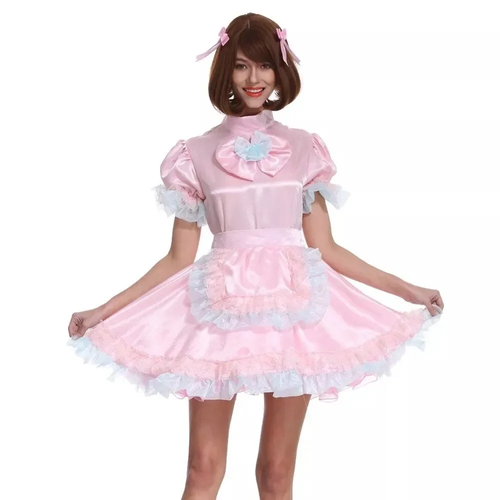 

Sexy Sissy Pink Lockable Satin Dress Cute Maid Cosplay Adult Tailored Carnival Festive Costumes