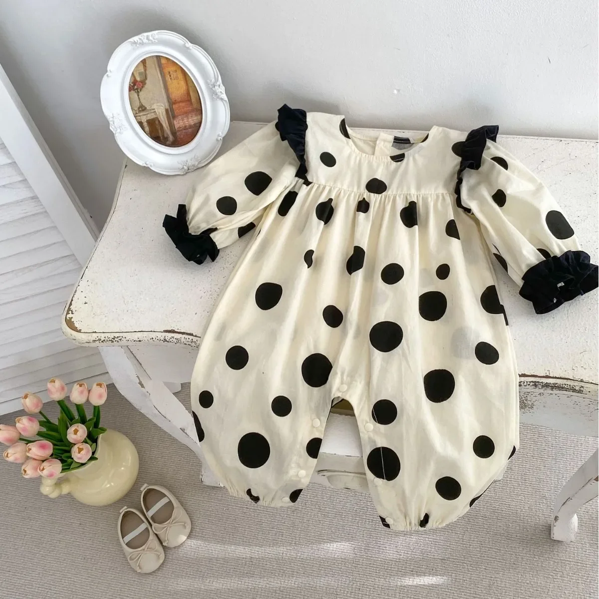 Autumn New Baby Jumpsuit Korean Girls Baby Polka Dot Long Sleeved Rompers Cute Outdoor Thin Rompers