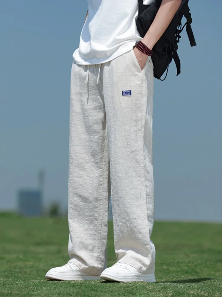 

Мужские летние тонкие льняные брюки с широкими штанинами, свободные повседневные брюки из хлопка и льна, прямого кроя, дышащие, с полосатым узором