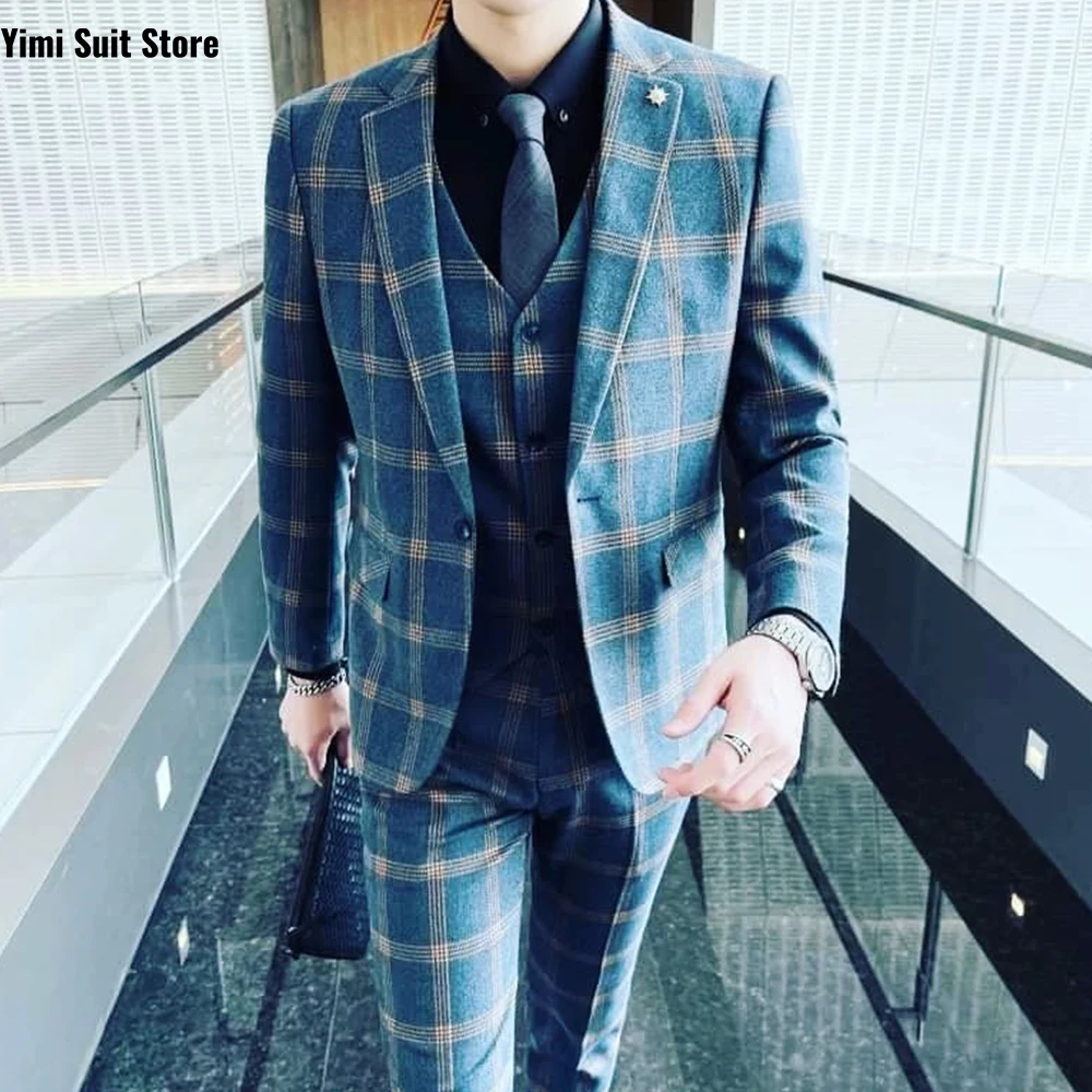 Traje de mezcla de lana a cuadros azul marino para hombre, traje de negocios ajustado de tres piezas (chaqueta + chaleco + pantalones), traje Formal de novio para fiesta de boda