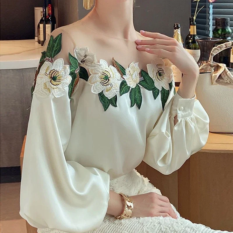 Elegant Embroidered Satin Blouse Women Fashion Top Mesh Patchwork Shirt Women High Quality Lantern Sleeve Slik Blouses New 24976