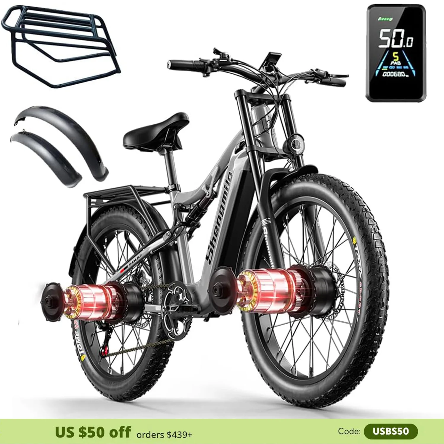 Shengmilo S600 Electric Bike for Adults 31MPH 26 Inch 2000W Dual Motors Ebike 48V 17.5AH Samsung Battery E-Mountain Bicycle LCD