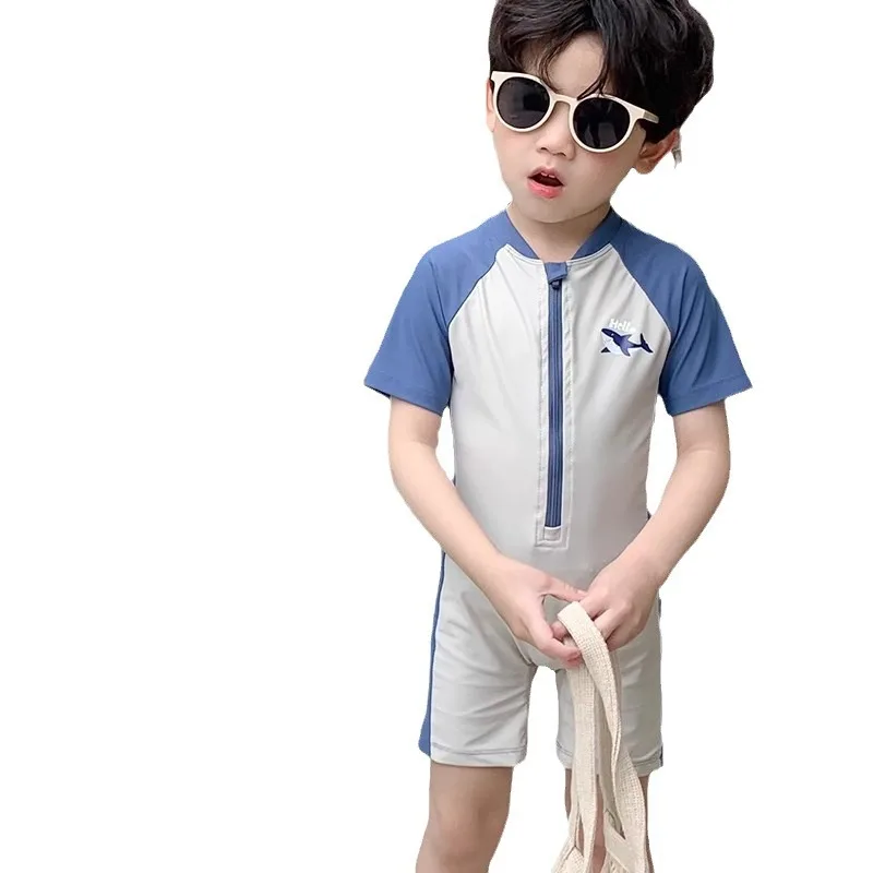 Boys' Short-Sleeve One-Piece Swim Suit: Cute Shark Design, UV Protection, Quick-Dry, for Summer Beach Vacations