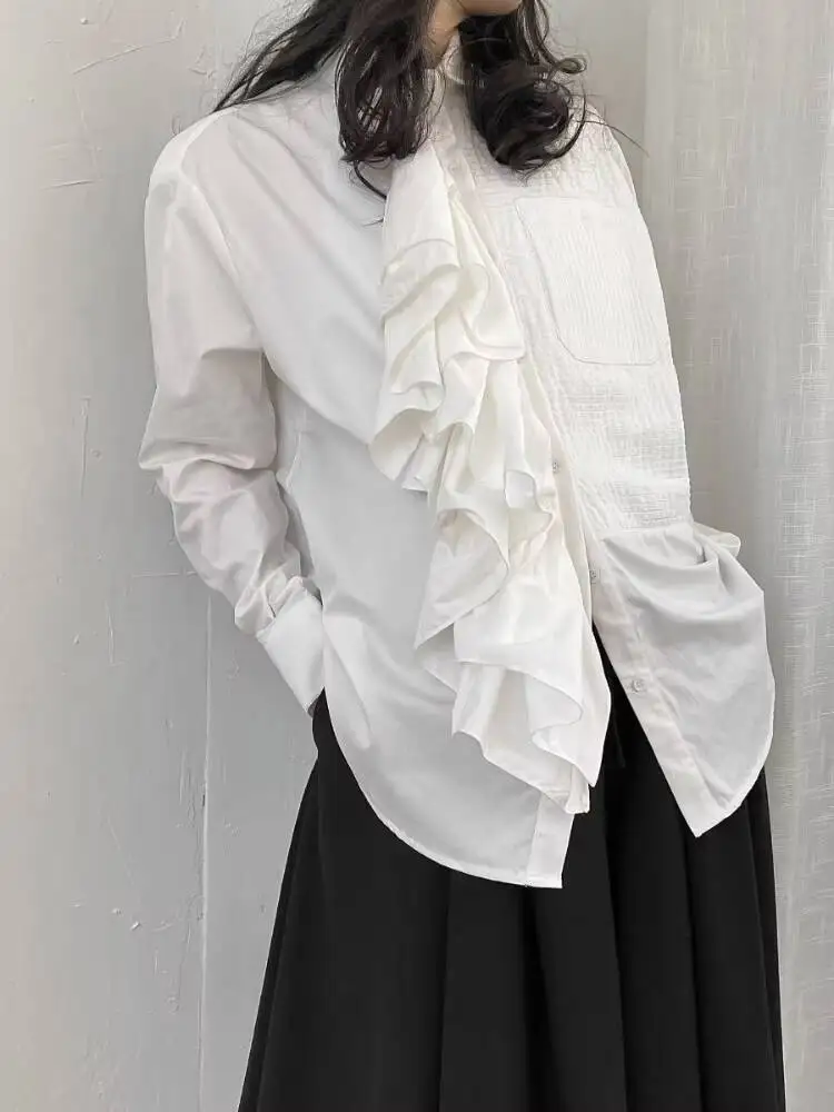 

Ladies Long Sleeve Shirt Spring And Autumn New Personality Asymmetrical Flounces Design Leisure Loose Long Sleeve Shirt