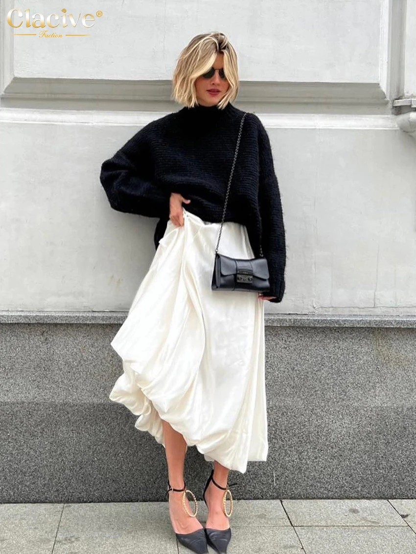 Clacive Fashion beżowe satynowe spódnice dla kobiet eleganckie wysokiej talii urząd Lady kostki spódnica Casual luźna spódnica ubrania damskie