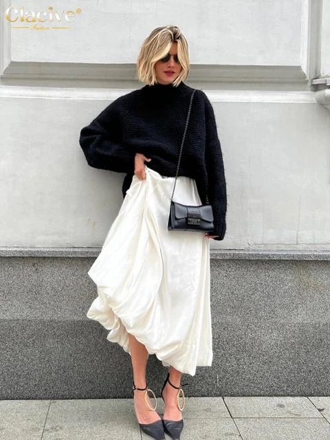 Clacive Fashion beżowe satynowe spódnice dla kobiet eleganckie wysokiej talii urząd Lady kostki spódnica Casual luźna spódnica ubrania damskie