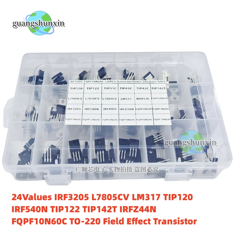 120PCS/BOX 24Values IRF3205 L7805CV LM317 TIP120 IRF540N TIP122 TIP142T IRFZ44N FQPF10N60C TO-220 Field Effect Transistor