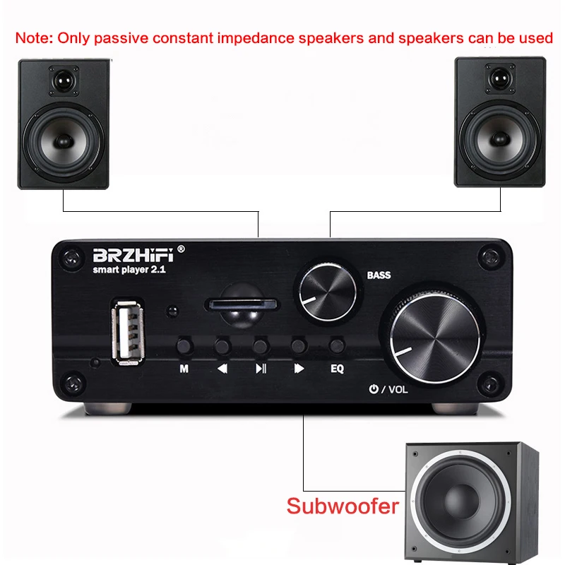 BRZHIFI 50 W x 2 + 100 W Subwoofer Cyfrowy mały wzmacniacz mocy dużej mocy HIFI Poziom gorączki 3116 Wzmacniacz Bluetooth 5.0 TF Srebrny