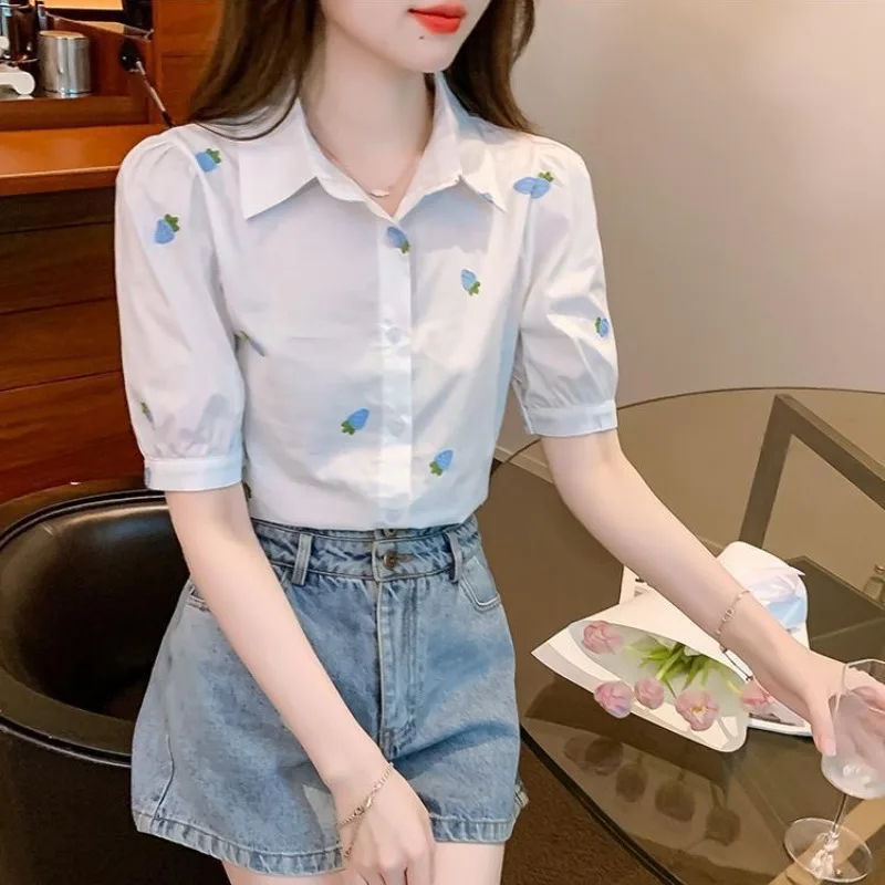 2024 Summer New Preppy Style Fashion Polo Neck Short Sleeve Chiffon Blouses Tops Printed Single-breasted Loose All-match Shirts