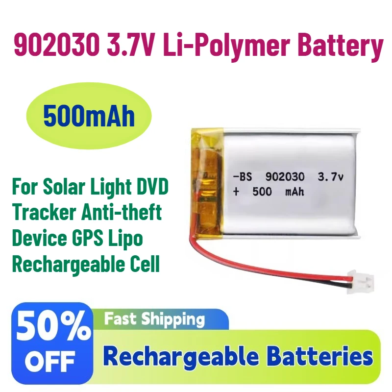 

High-Quality 500mAh 902030 3.7V Li-Polymer Battery for Solar Light DVD Tracker Anti-theft Device GPS Lipo Rechargeable Cell