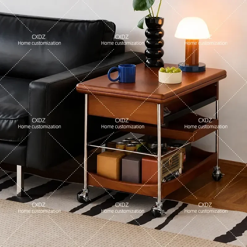 Solid Wood Coffee Table Folding Mobile Trolley for Living Room Small Apartment Antique Style Sofa Side Tea Table