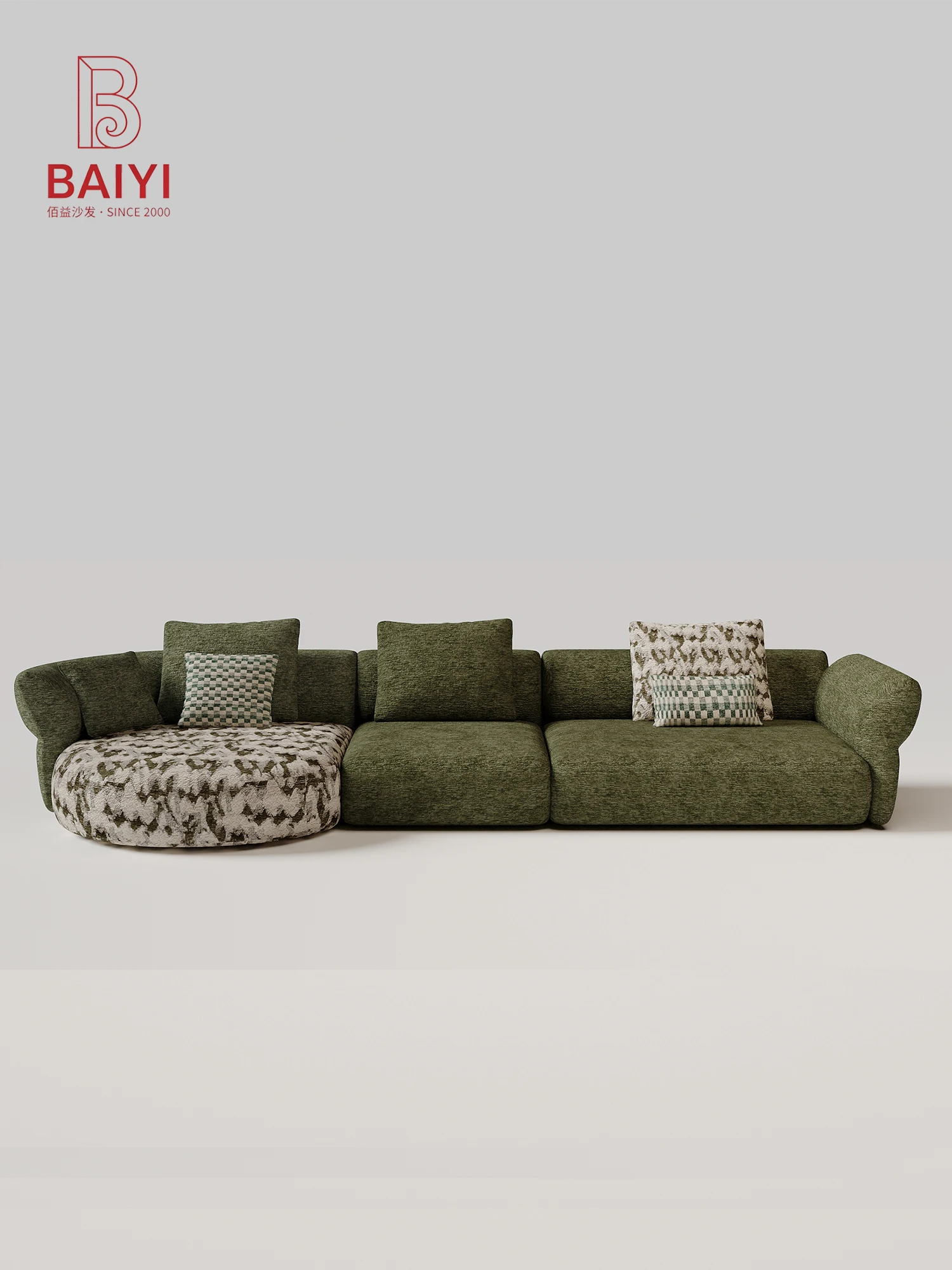 Olive Green Modular Sofa With Round Floral Ottoman Pillow Armrests Floor Style Deep Seat For Living Room Villa Bedroom Home