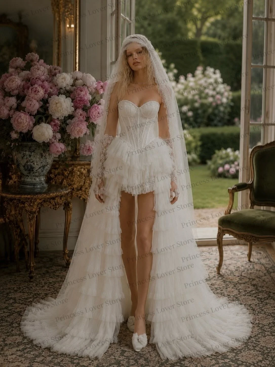 High Low Ruffles Wedding Dresses Bustier Corset Lace Bridal Gown Elegant Layers robe de mariée Customized