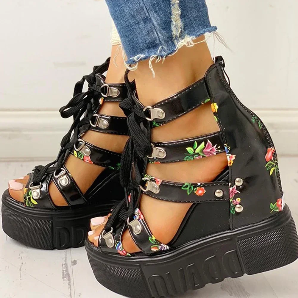 INS Hot Print Leisure Wedges Women\'s Shoes 2020 Summer Shoes Women Sandals Platform Shoelaces High Heels Casual Shoes Woman 4243