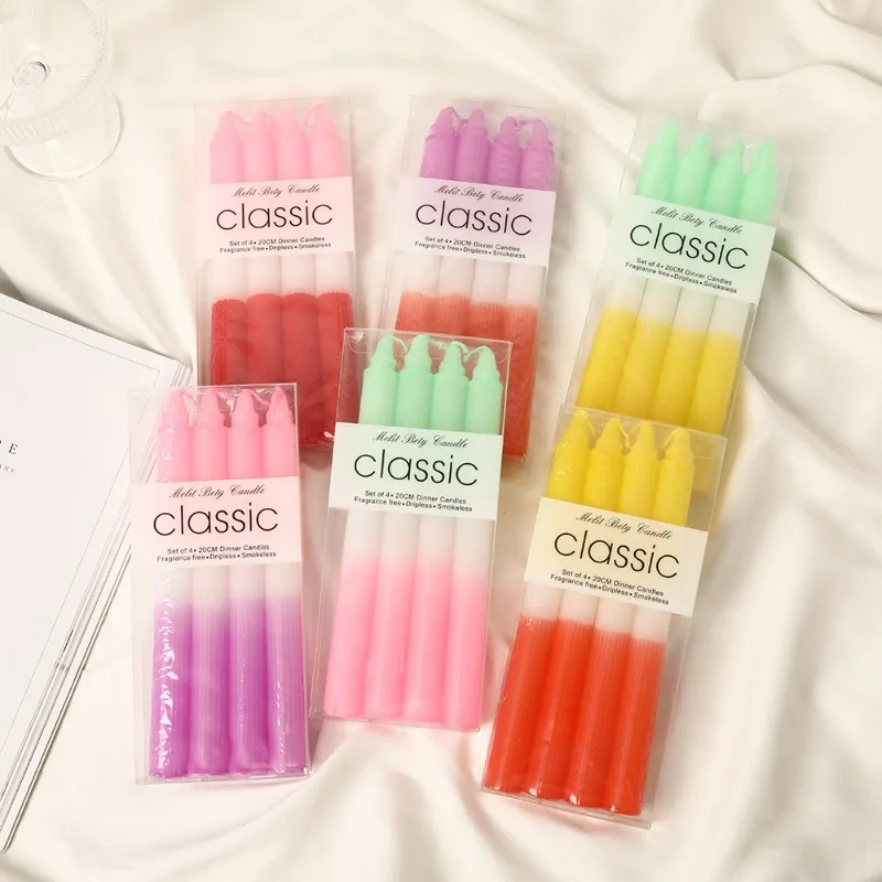 4pcs 20cm Three-color Vertical Lines Pattern Long Pole Candle Smokeless Odorless for Home Party Decoration Candlelight Dinner