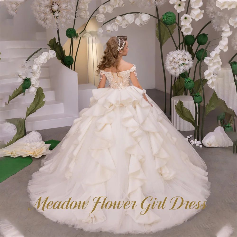 Meadow Off White Children Birthday Wedding Dresses Off The Shoulder Flower Girl Dress Pearl Tassel Modest Princess Girls Dress