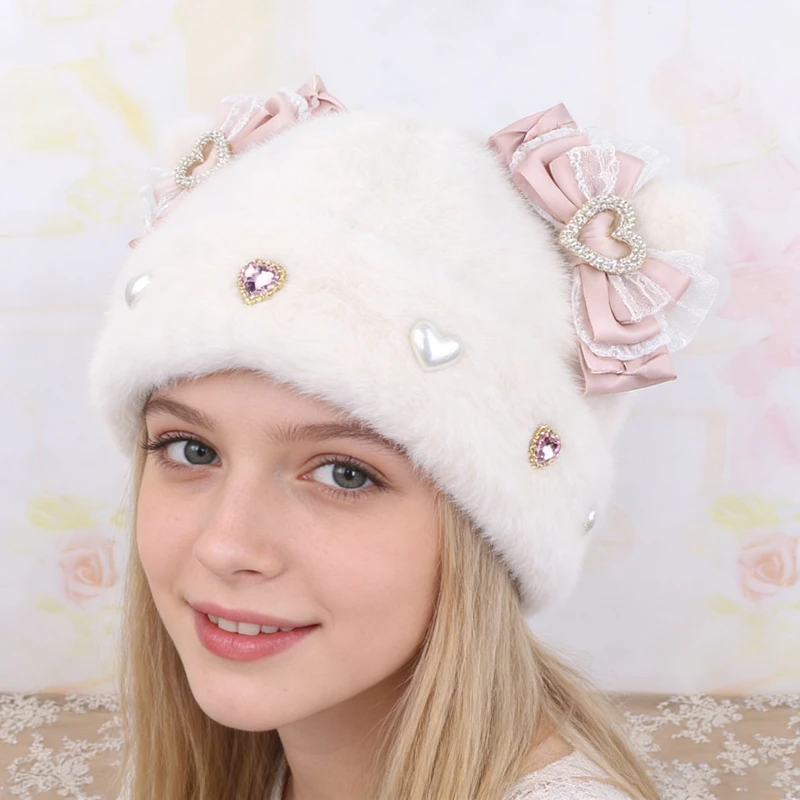 Winter Lolita Hat Sweet Cute Plush Cap With Bow And Lace Cream White Heart Rhinestone Detail Warm Hat For Women