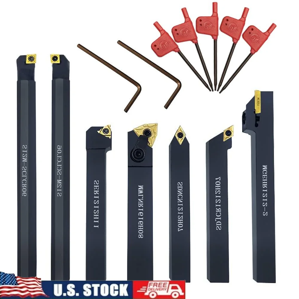 7-Piece Carbide Indexable Lathe Turning Tool Set 1/2'' Shank Metal Holder Grooving Threading Kit Stainless Steel Steel Cutting