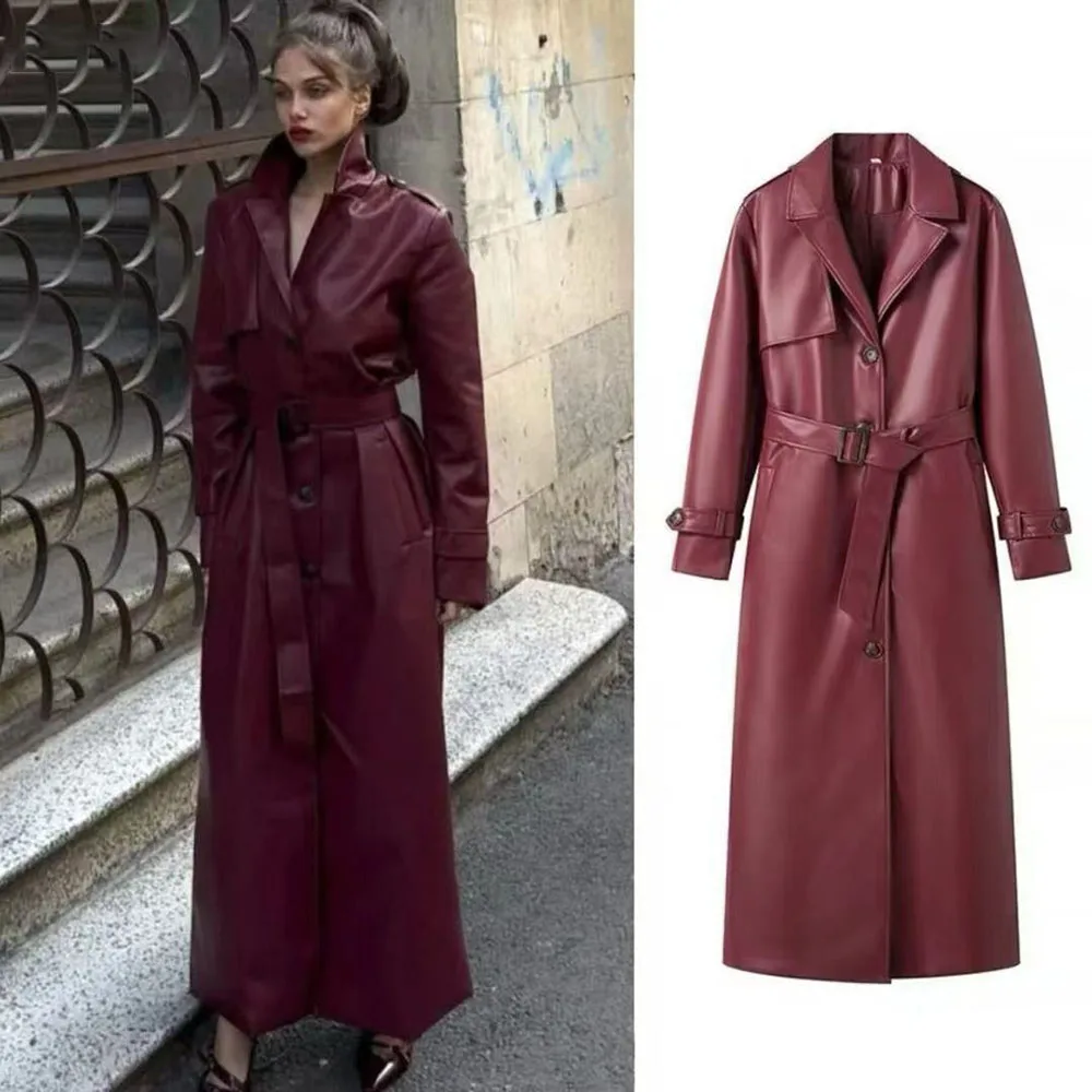 Hot Sale Women PU Leather Long Jacket Classic Design Lapel Collar Top Windproof Warm Coat Daily Commute Casual Style Outerwear