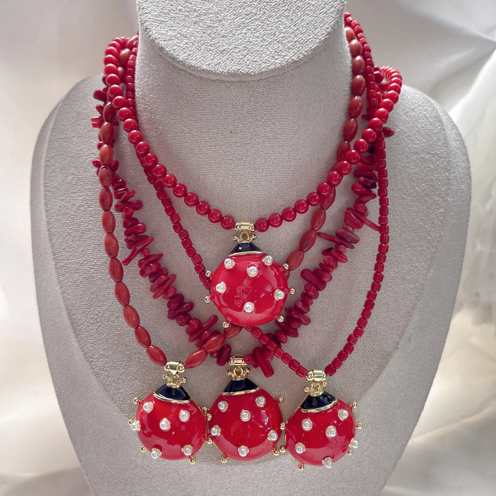 5 pcs/lot Summer Beach Natural Gemstone Jewelry Red Bamboo Coral Necklace with Ladybug Pendant Lucky Bohemian Gift for Women