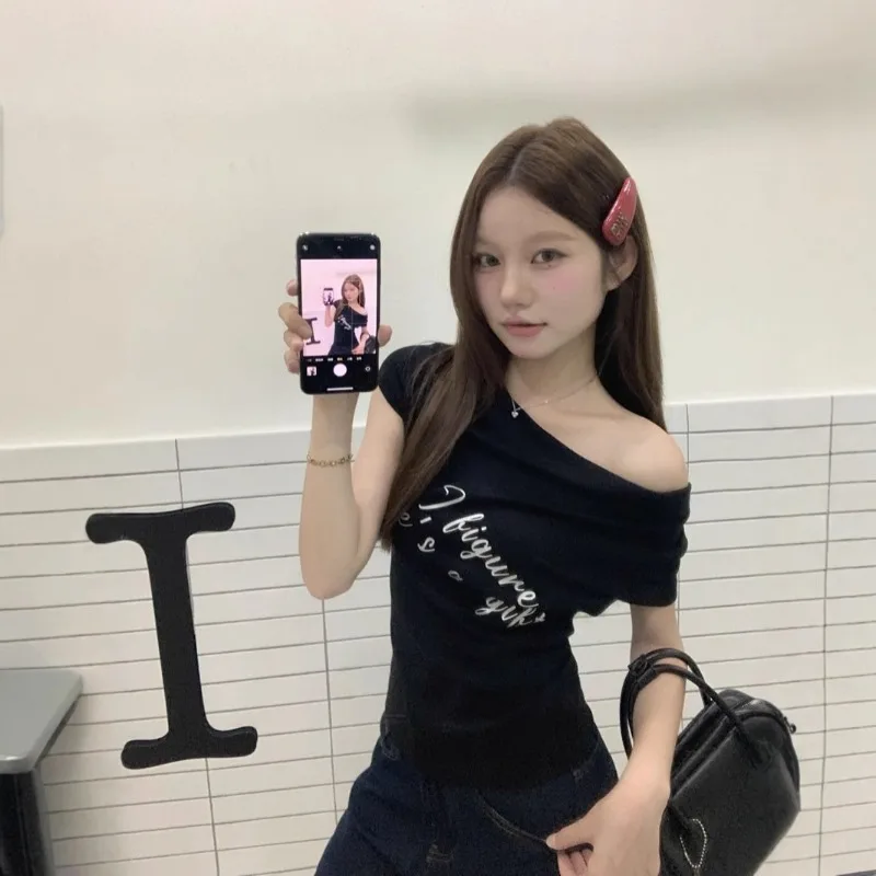 New Women Casual Summer Off-Shoulder Top Ladies Sleeve Slim Short T-Shirt Letter Print Slimming Base Tee Girl Woman Slim T-Shirt
