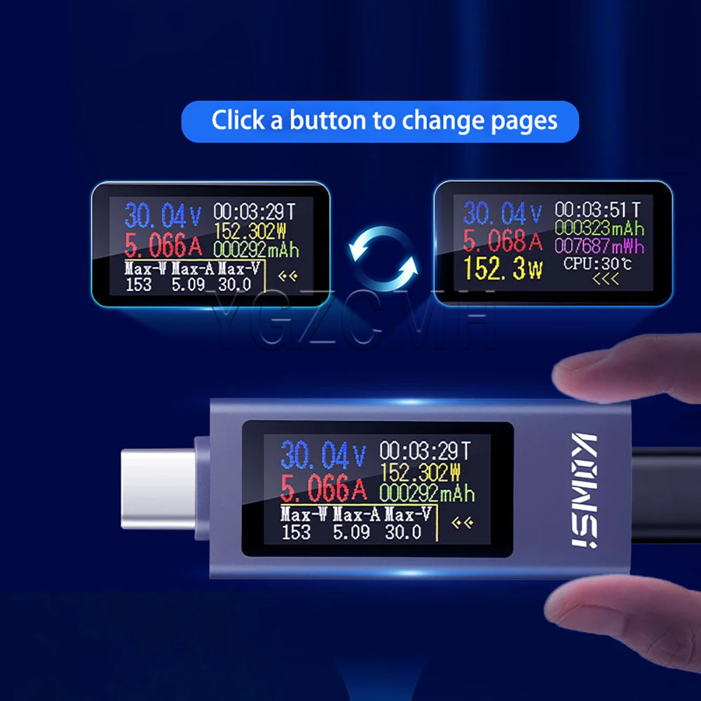 Type-C Mobile Phone Charging Capacity Tester Multi-function Digital Display DC Voltmeter Power Meter DC4-30V 0-12A KWS-2302C image 3