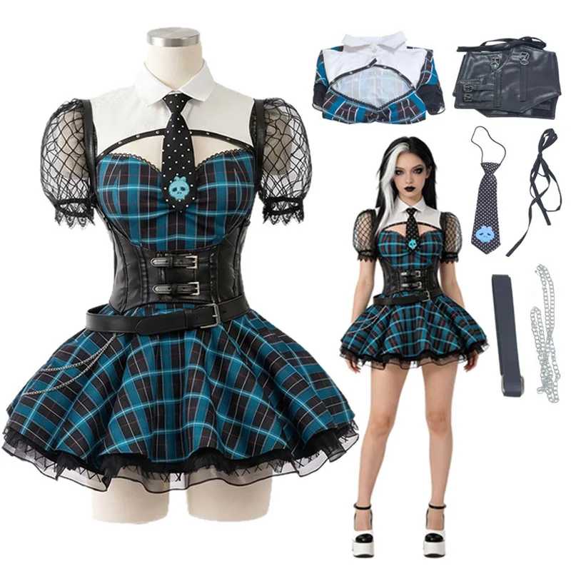 Frankie Stein Cosplay-Kostüm für Damen, Gothische Schuluniform, Anime-Rollenspiel-Outfit, Halloween-Party, Comic-Con, Karnevalskleid