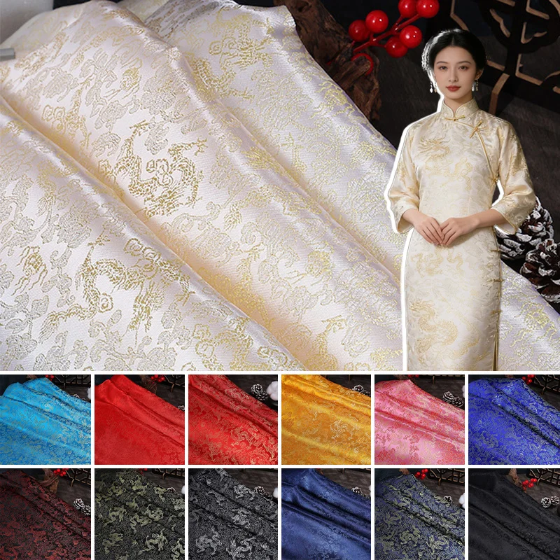

Chinese Style Gold Thread Dragon Pattern Jacquard Brocade Satin Fabric for Diy Sewing Cheongsam Stage Costumes Gift Box Decor