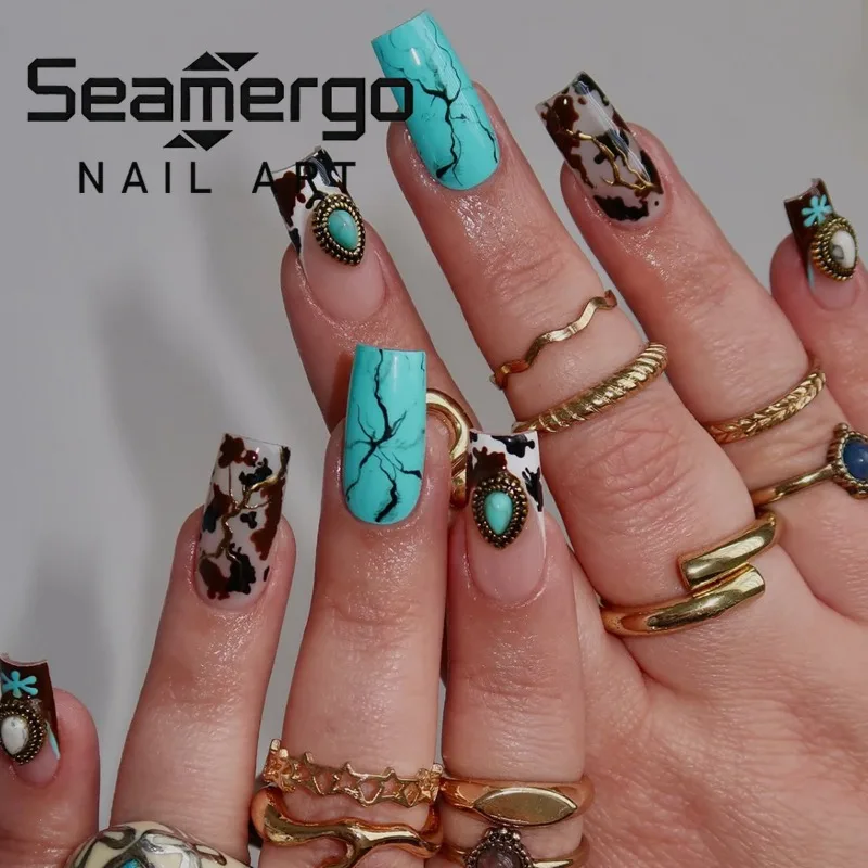 

24PCS Cyan Striped Ink-wash Medium Square Press on False Nails Retro Green Rhinestone White French Fake Nail Wearable Full Cover