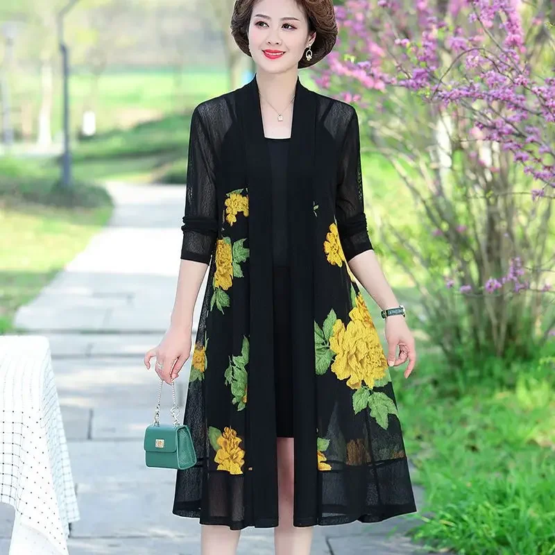 Summer Sun Protection Women Long Blouses Super Thin Floral Chiffon Cardigan Long Sleeve Loose Flower Print Blouse Shirts