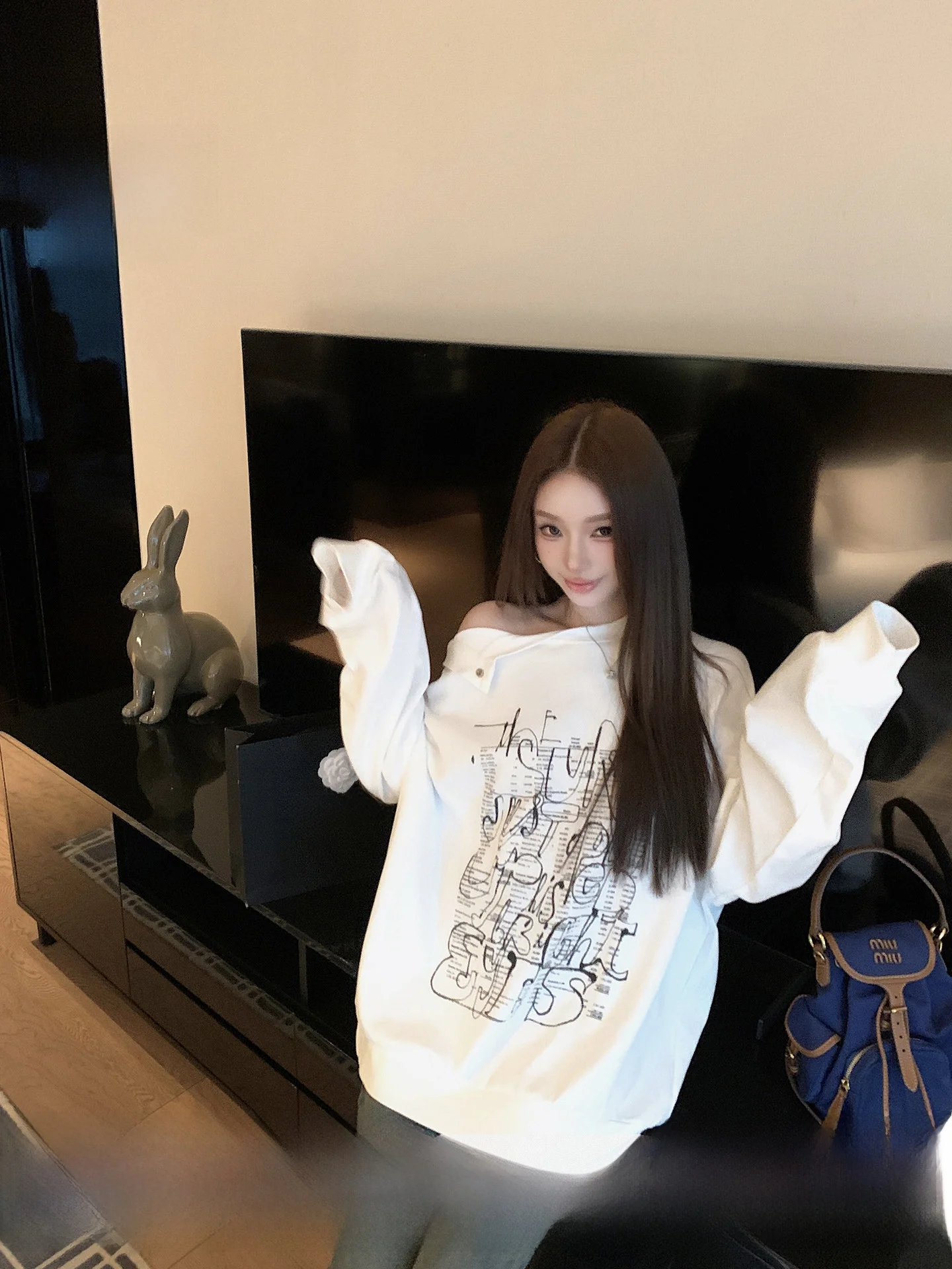 

Loose Long Sve oulder T-irt Women's Lazy White Cotton Polyester Blend Print Gentle Sle Straight Slide Slide