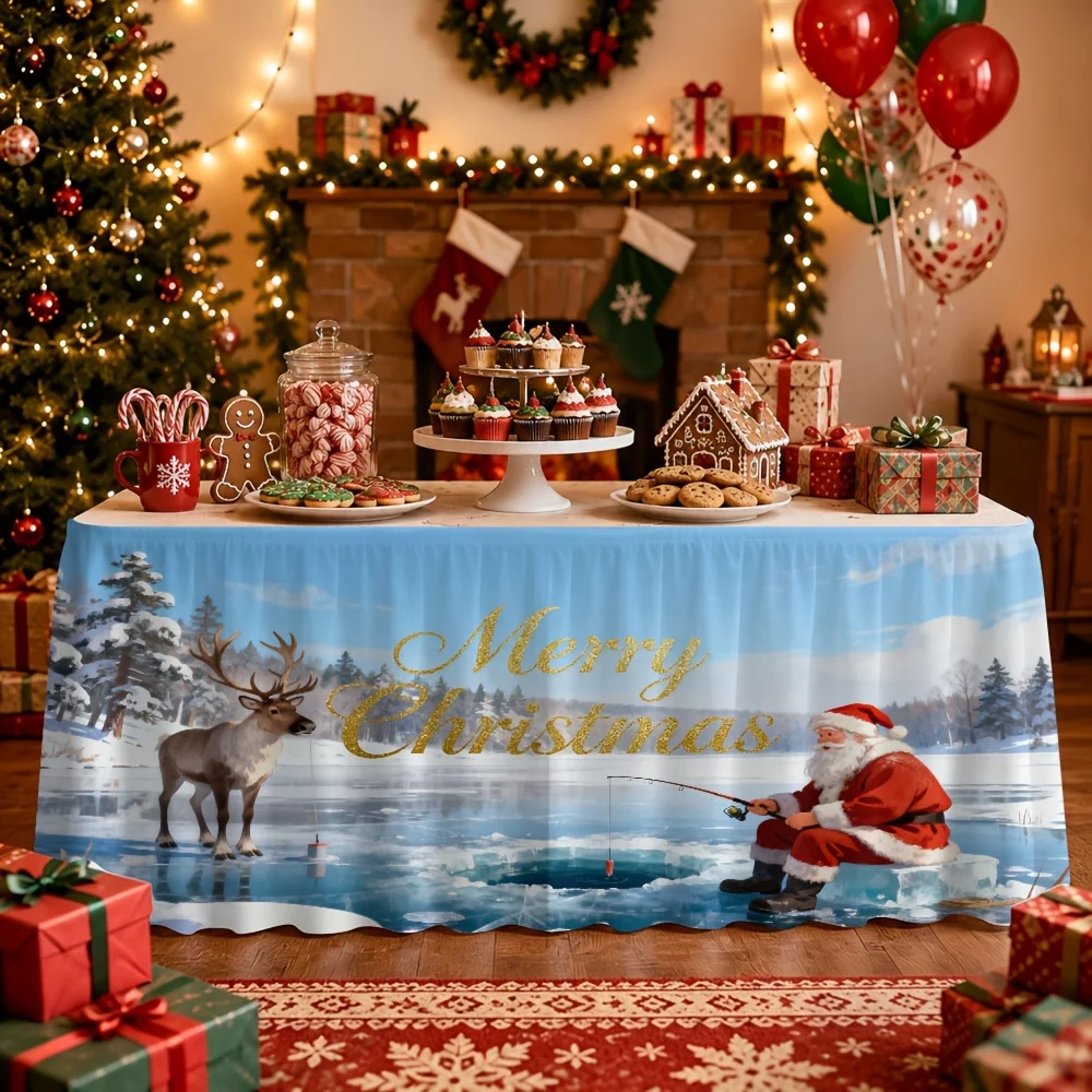1 Christmas-themed tablecloth and table skirt with Santa Claus and reindeer for an indoor Christmas decoration