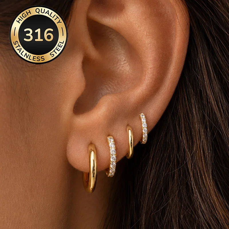 316 Stainless Steel Huggie Hoop Earrings Set Women 4Pcs CZ 8 10 12 14mm Cartilage HelixGold Silver Fashion Jewelry Birthday Gift