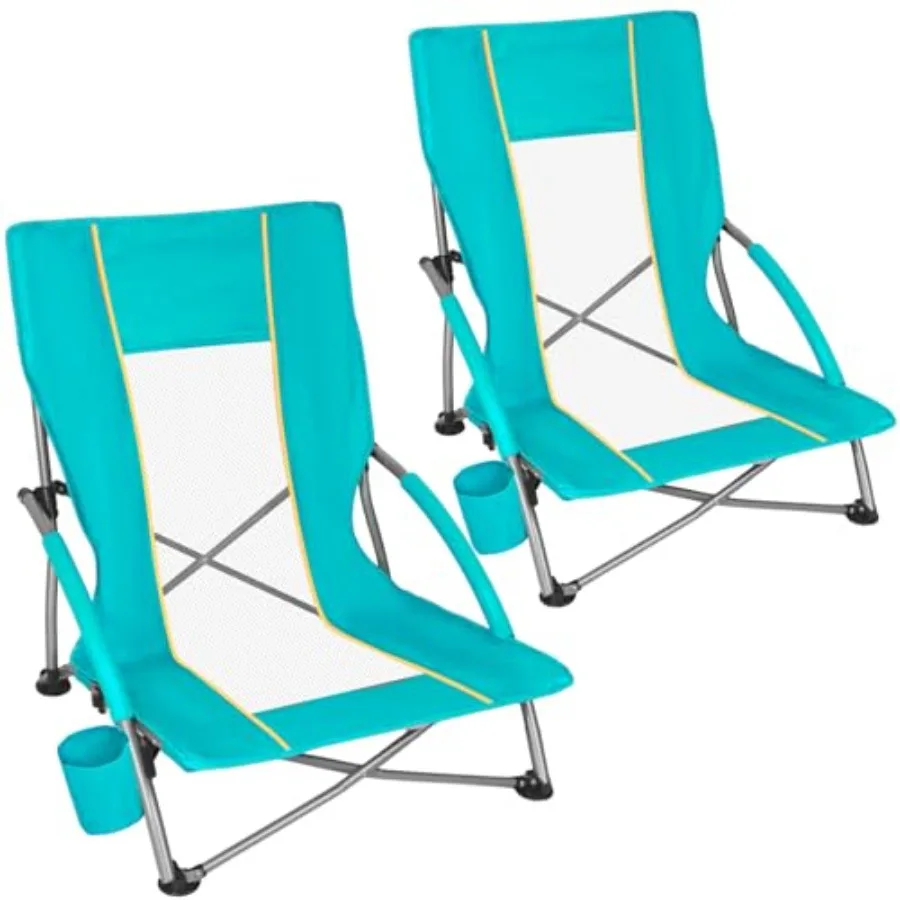 Low Beach Chairs for Adults 2 Pack, Lightweight Folding Sand Chairs with Breathable Mesh Back Cup Holder, Portable Compact Camp