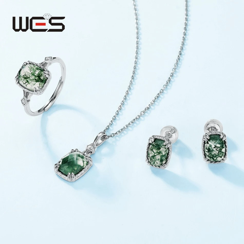 

WES Unique 925 Sterling Silver Crystal Natural Moss Agate Jewelry Set For Woman Rhodium Plated Certified Jewelry Wedding