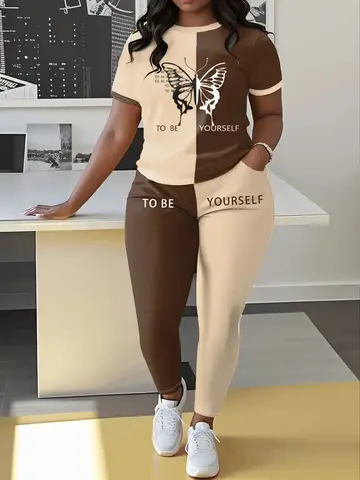 Fashion New Printed Plus Size Women's Trousers Short-Sleeved Suit