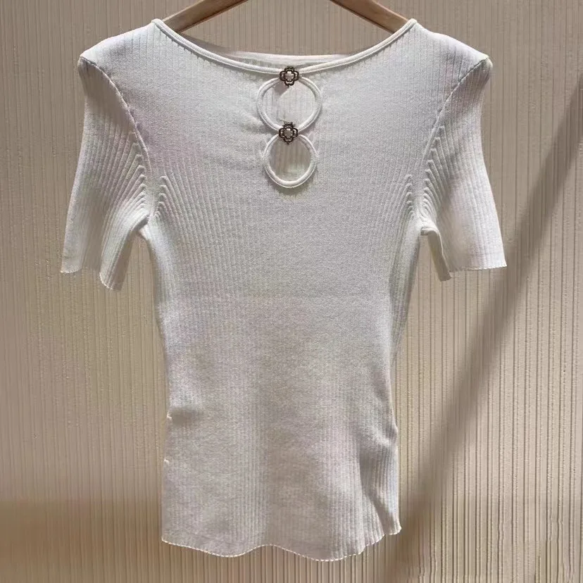 

Spring Ladies' Hollow Knitted Short Sleeves O-Neck Collar Flower Button Decoration Solid SlimT-Shirt