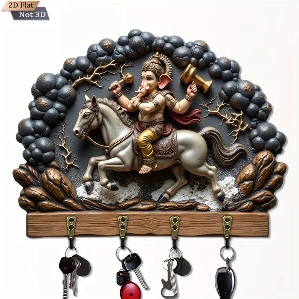 2D Flat Design, 1pc Riding a Horse Art Key Hook, Wooden Multi-Functional Home Key Holder, with Four Metal Hooks, Wall