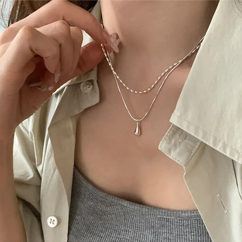 Nova cor de prata design simples longo gota pingente colar para mulheres meninas dupla camada clavícula corrente moda jóias presentes
