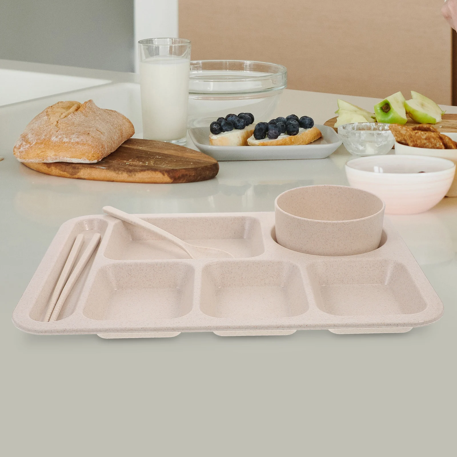 

1 Fast Food Dinnerware Set Wheat Straw Bowl Shatterproof Separate Plates For Kids Toddlers Dishwasher Safe Cutlery Set Kitchen