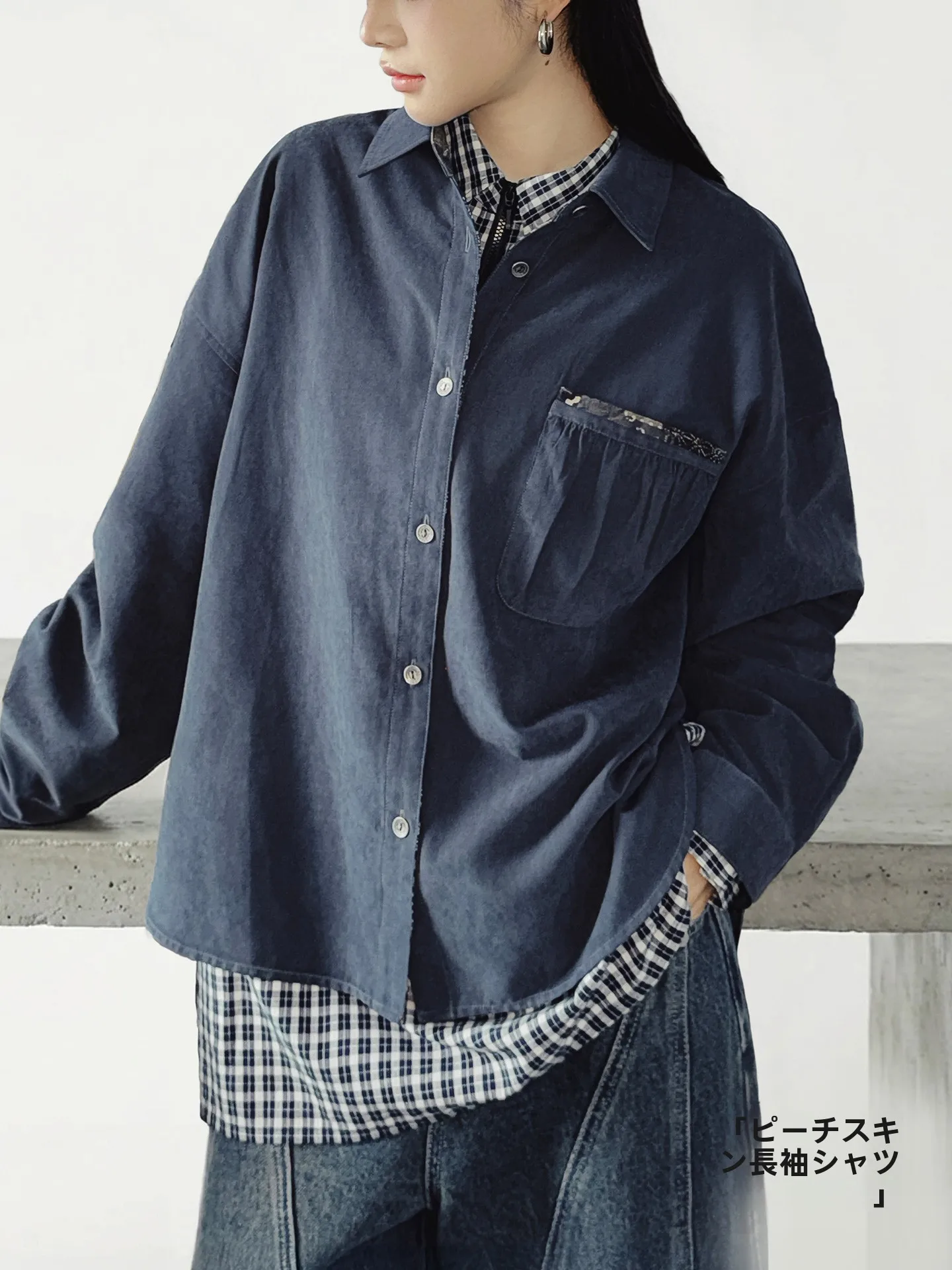 

Maden Loose Fit Long Sve Women's irt Deep Blue Pure Color American Retro Peach Velvet Collar Casual Sle Spring Outerwear