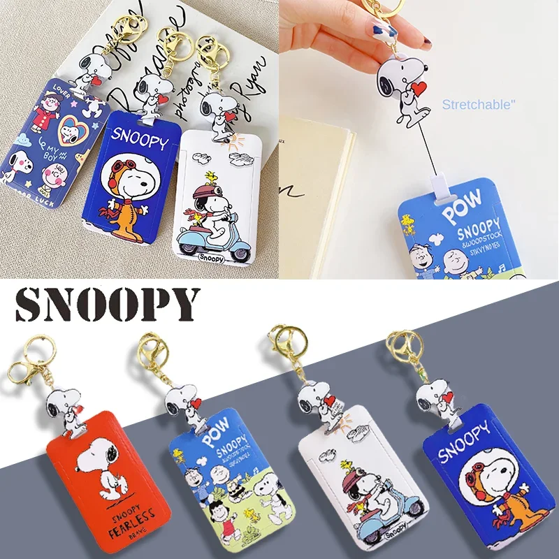 حامل بطاقة Snoopy لطيف قابل للسحب للنساء ، سلسلة مفاتيح أنيمي ، حقيبة واقية لبطاقة وجبات الحرم الجامعي للطلاب ، غطاء بطاقات ممغنطة