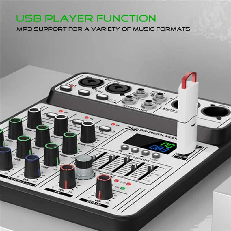 ABSQ-Professional D-04 4 Channel 256DSP Audio Mixer USB Studio Bluetooth DJ Console Mixer