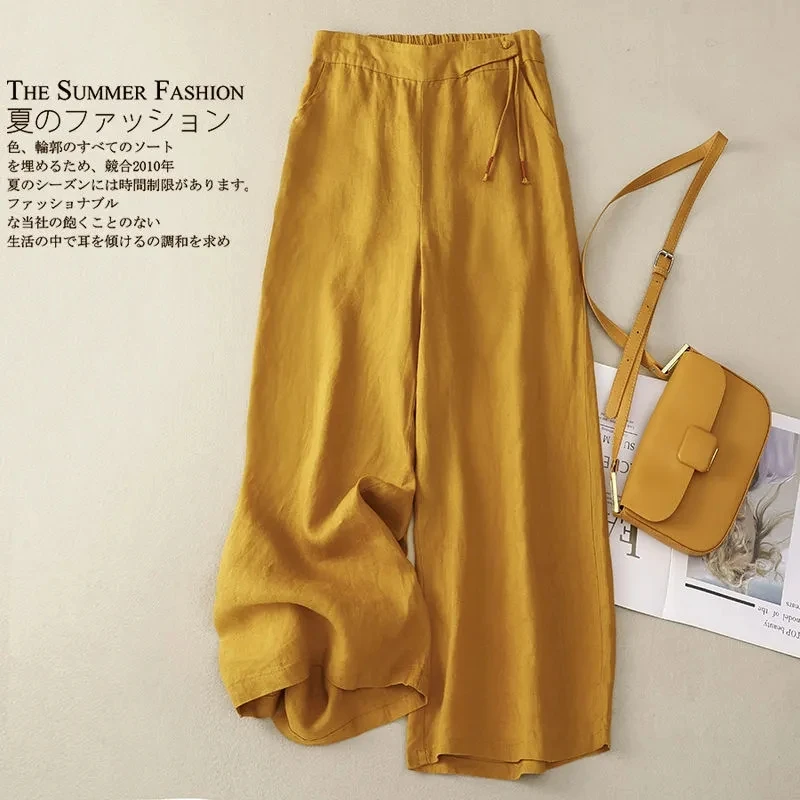 Summer Pants for Women Cotton Linen Large Size Wide Leg Pants Femme Arts Style Elastic Waist Solid Casual Loose Pantalon