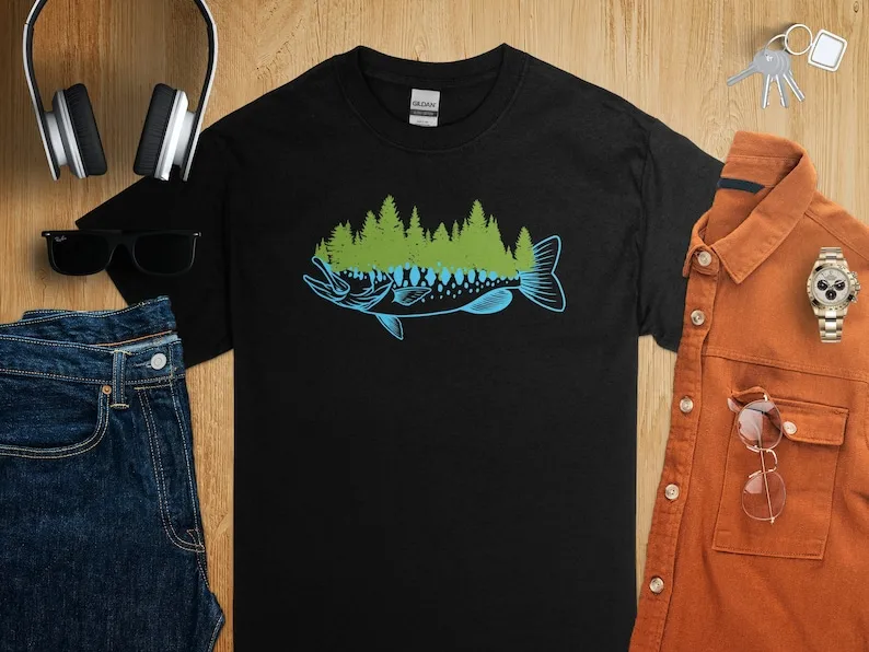 

Nature-Inspired, Forest Landscape Fish Design, Outdoor Adventure Tee, Unisex Wilderness Shirt,